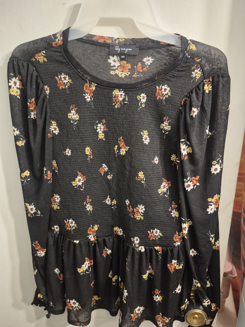 Lot Of 2-Black Floral & Green Dotted Long-Sleeve Ruffle-Hem Tunic by Lily Morgan